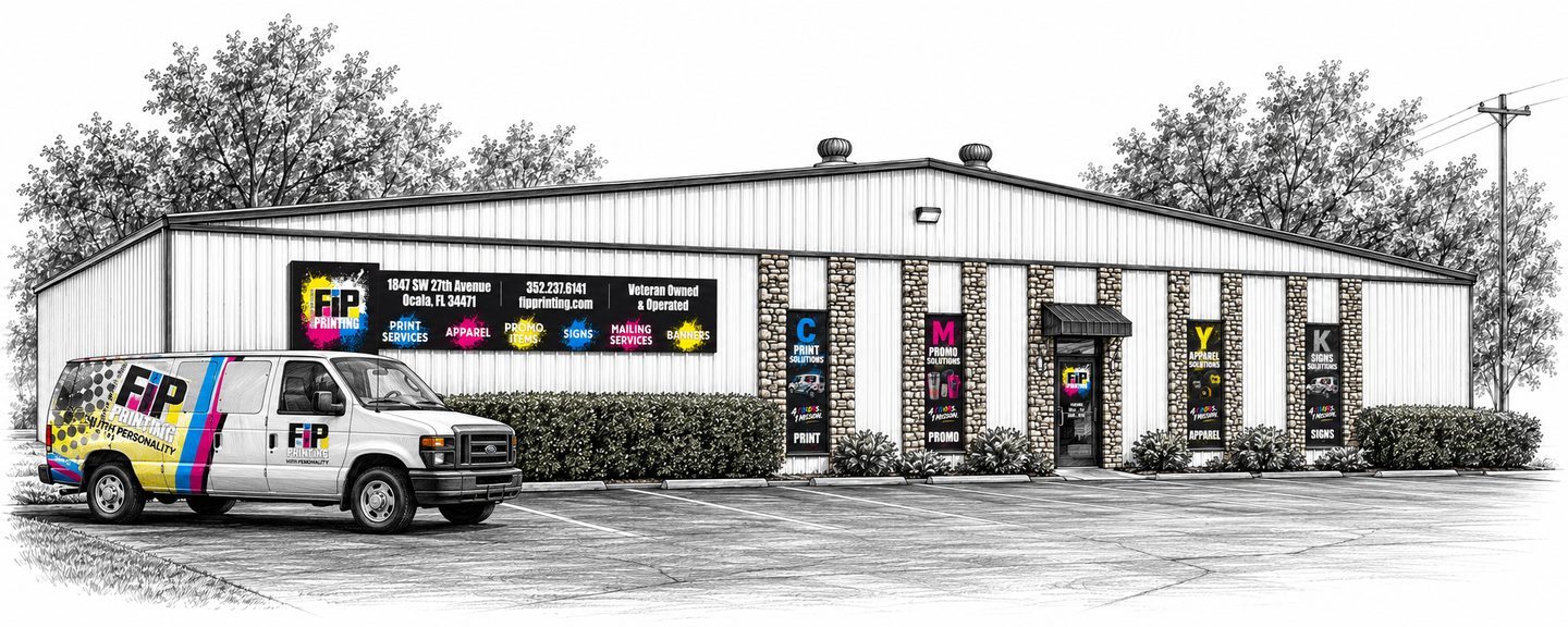 Drawing of the First Impressions Printing shop at 1847 SW 27th Avenue in Ocala, with the FIP van parked out front